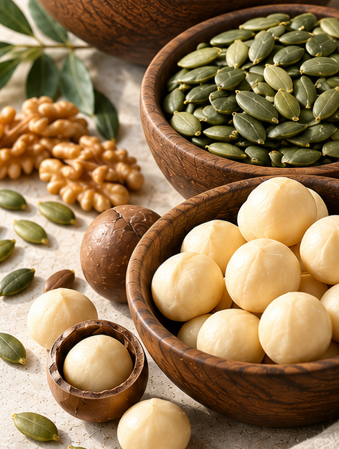 Walnuts, green pumpkin kernels and macadamias on a warm neutral surface
