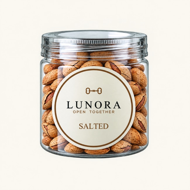 Lunora 300 g plastic jar filled with NP Thin Shell almonds in shell