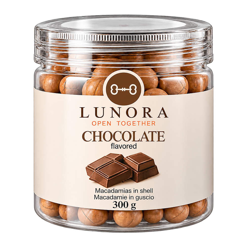 Lunora Chocolate macadamias in shell, 300 g plastic jar