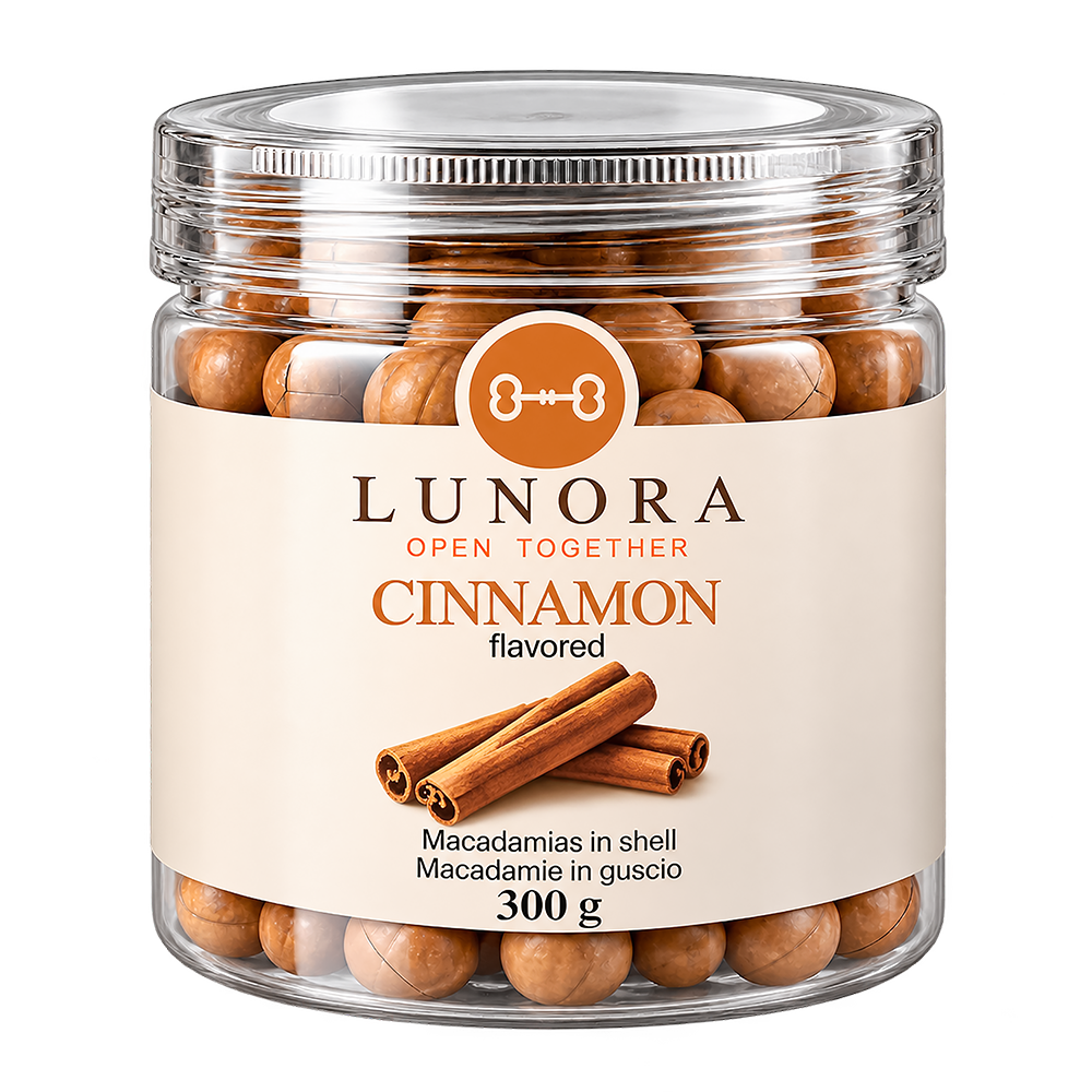 Lunora Cinnamon macadamias in shell, 300 g plastic jar