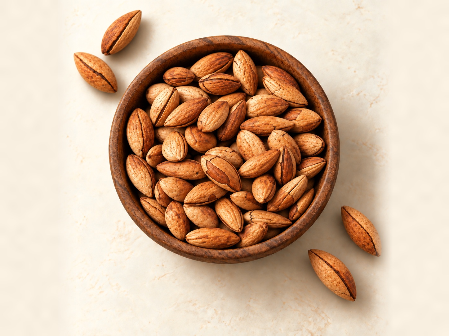 Thin-shell almonds in a wooden bowl, viewed from above