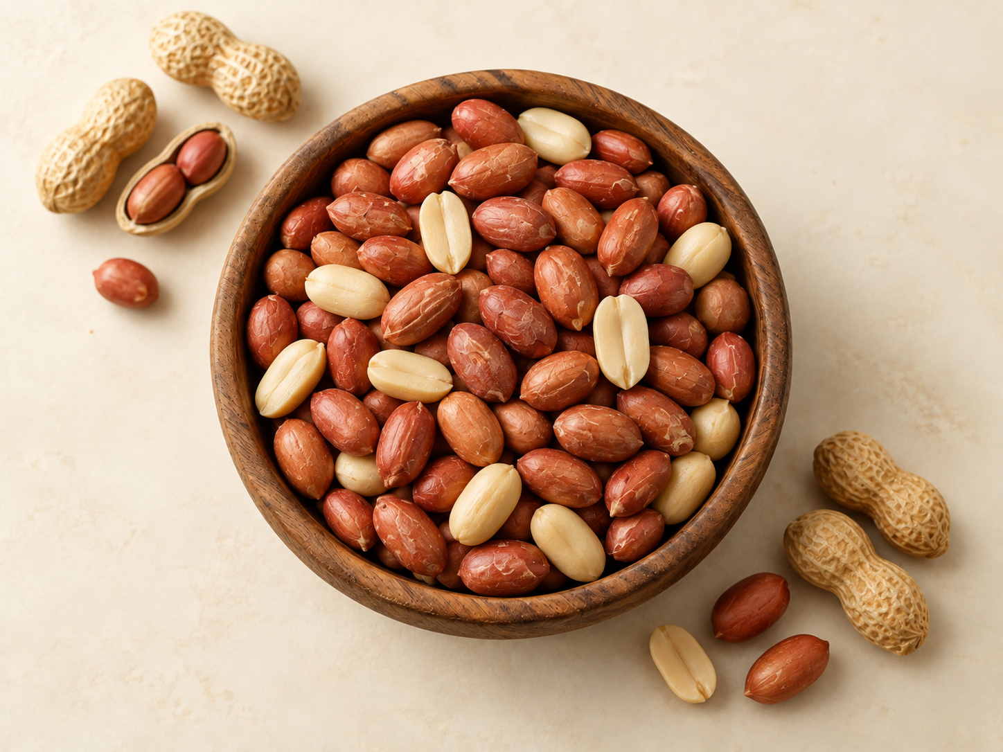 Raw and blanched peanuts in a wooden bowl, viewed from above