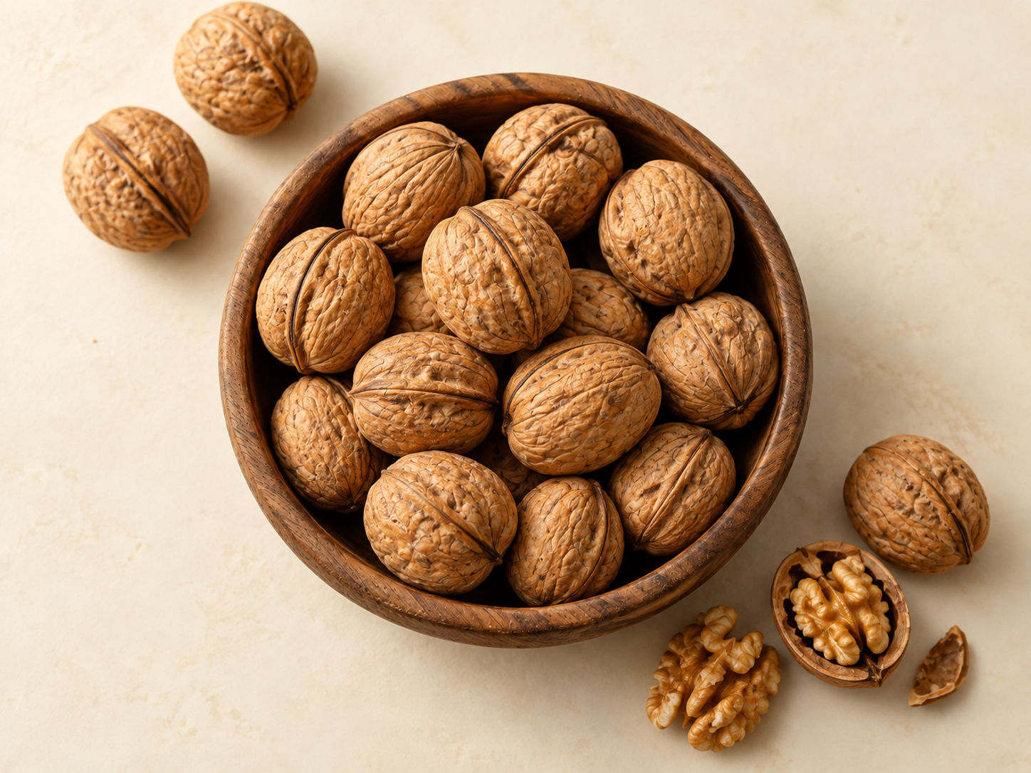 Walnuts in shell in a wooden bowl, viewed from above